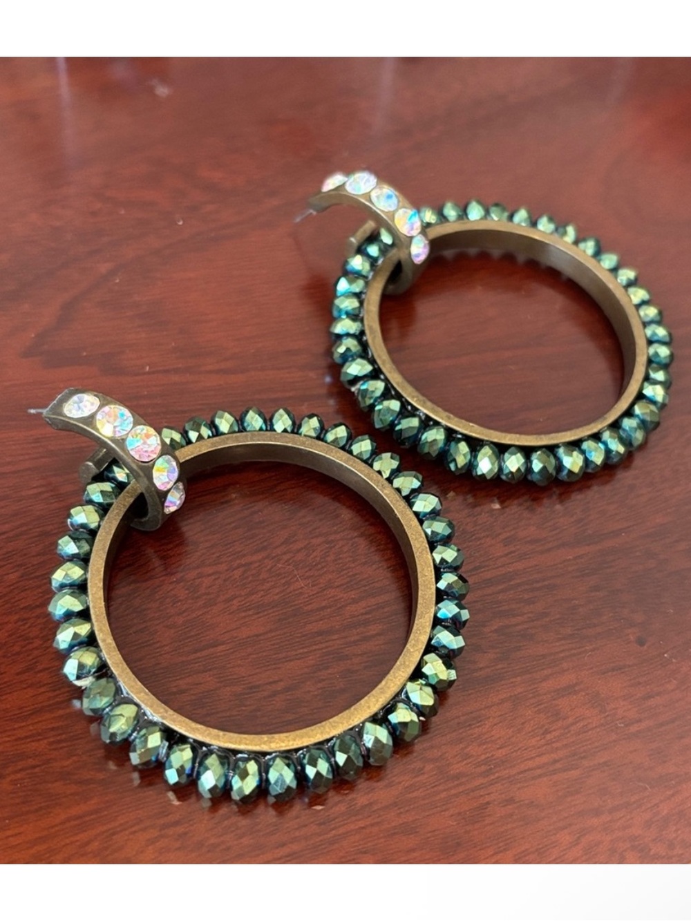 Betsey Johnson sparkly vintage green beaded brass large hoop statement earrings